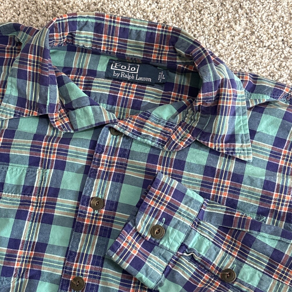 Polo Ralph Lauren Button Down Shirt Men Large Multicolored Plaid Unique Pattern